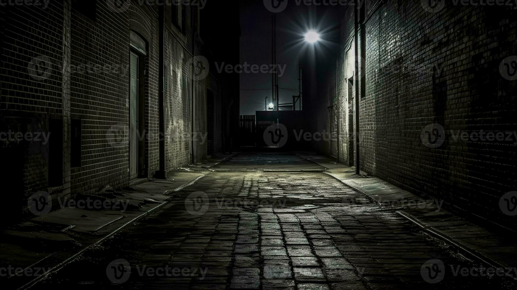 AI Generated dark, deserted alleyway at night, illuminated by a lone overhead light that casts a stark glow on wet cobblestones, evoking a sense of mystery and isolation photo