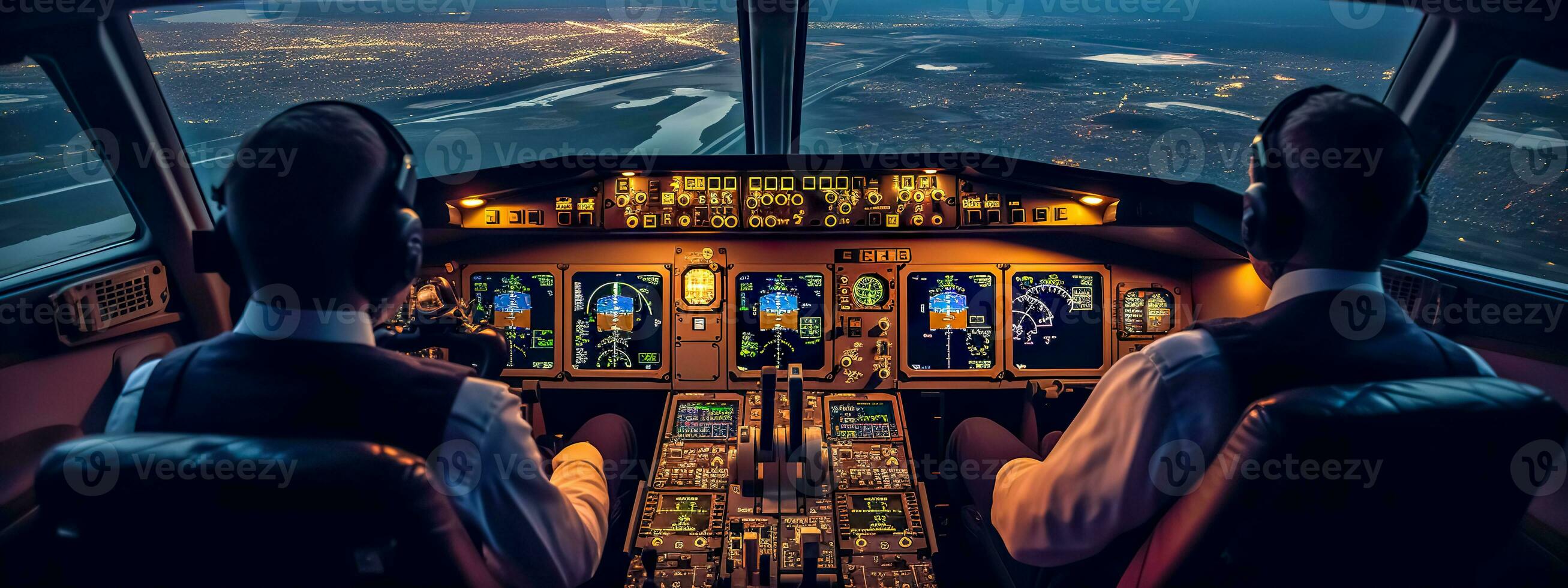 AI Generated Pilots navigate the night skies over a cityscape, guided by the glow of aviation instruments photo