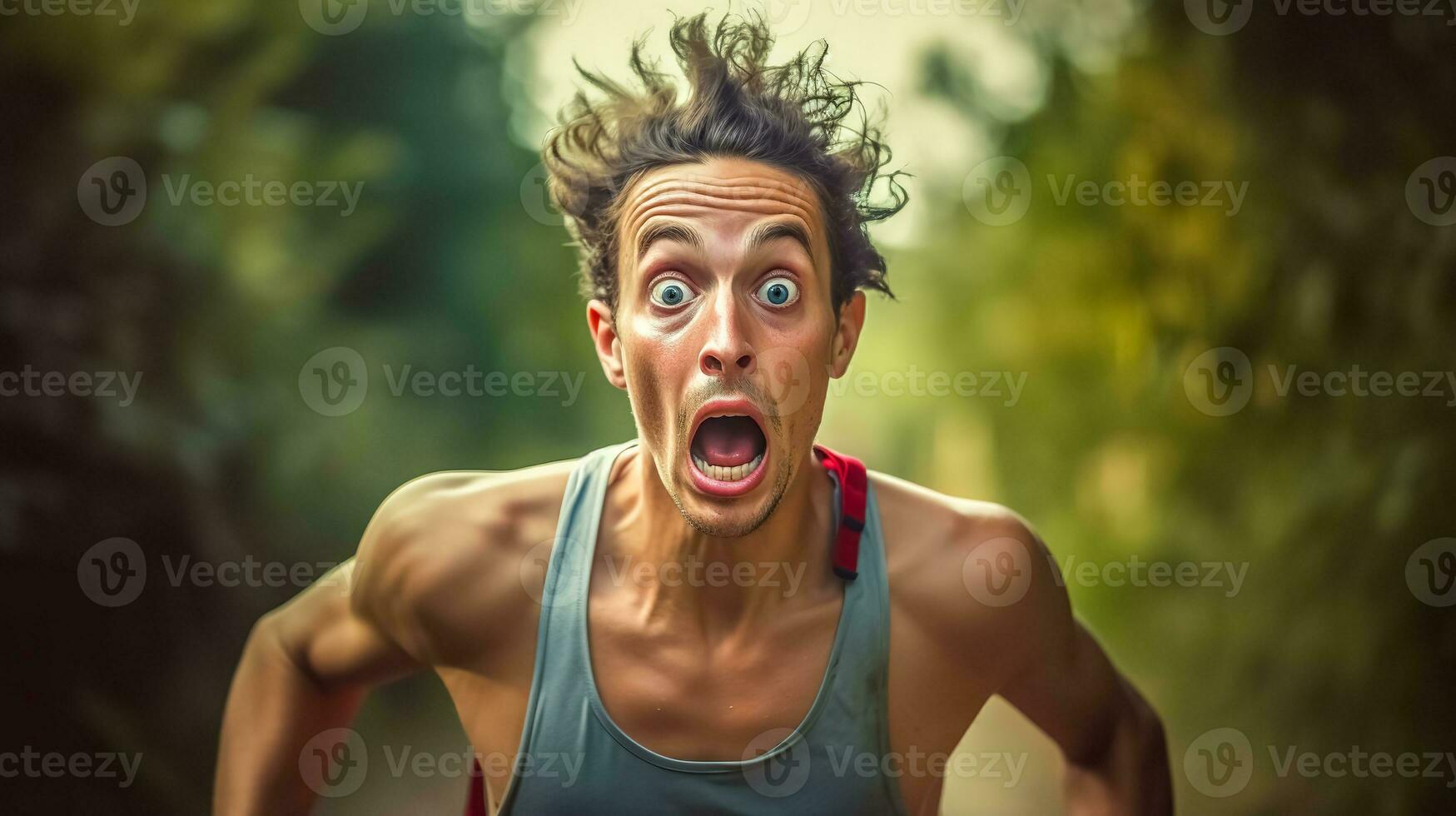 AI Generated runner with a highly exaggerated expression of surprise or shock, his hair windswept, suggesting rapid movement or a sudden stop, against a blurred natural backdrop photo
