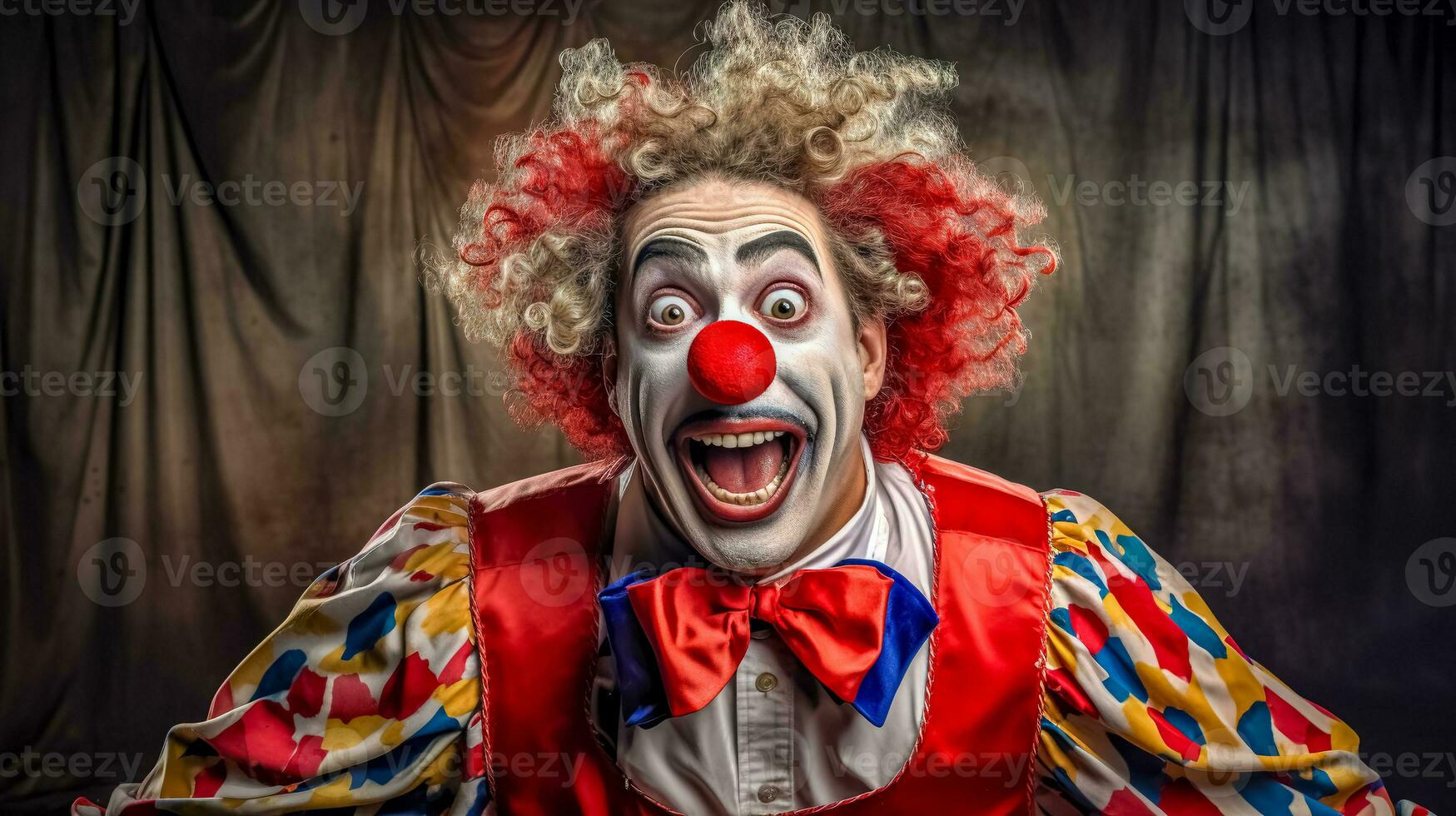 AI Generated clown with a very expressive, astonished face. The clown's costume is colorful, and the makeup exaggerates the facial expression, featuring wide eyes and an open mouth. photo