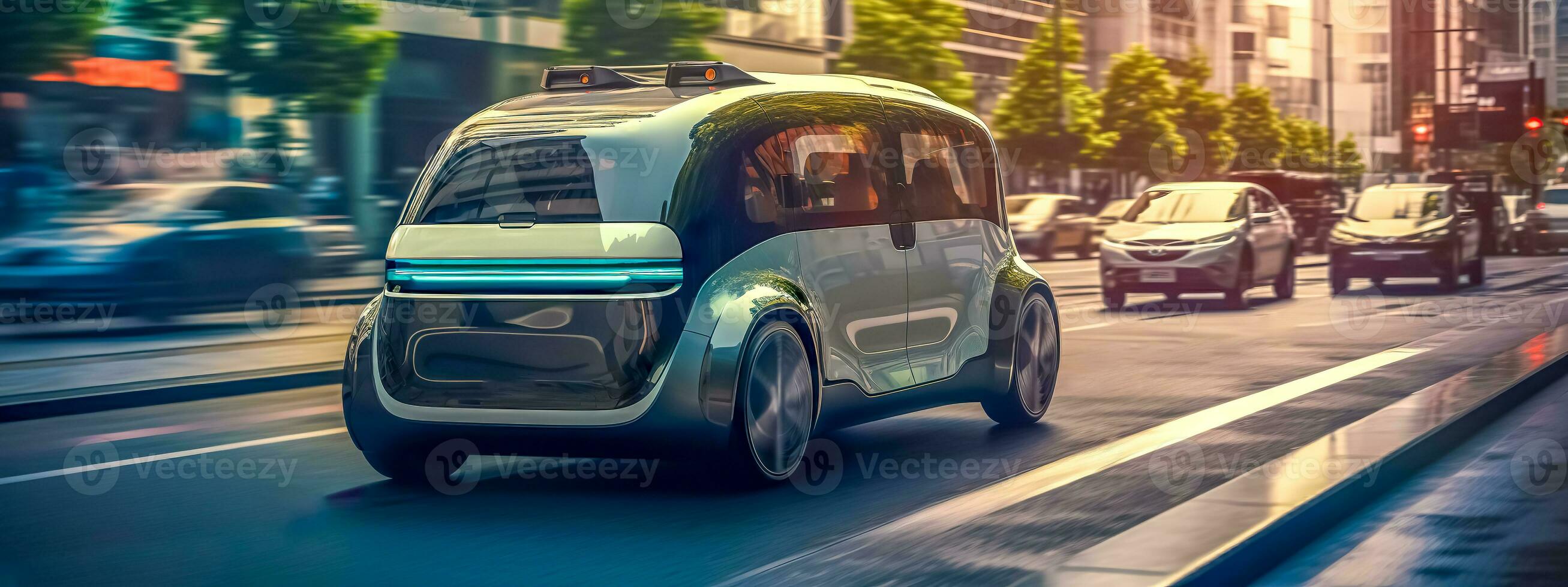 AI Generated sleek, futuristic autonomous car smoothly navigating through a bustling city street, exemplifying modern transportation and the advent of self-driving technology in an urban environment photo