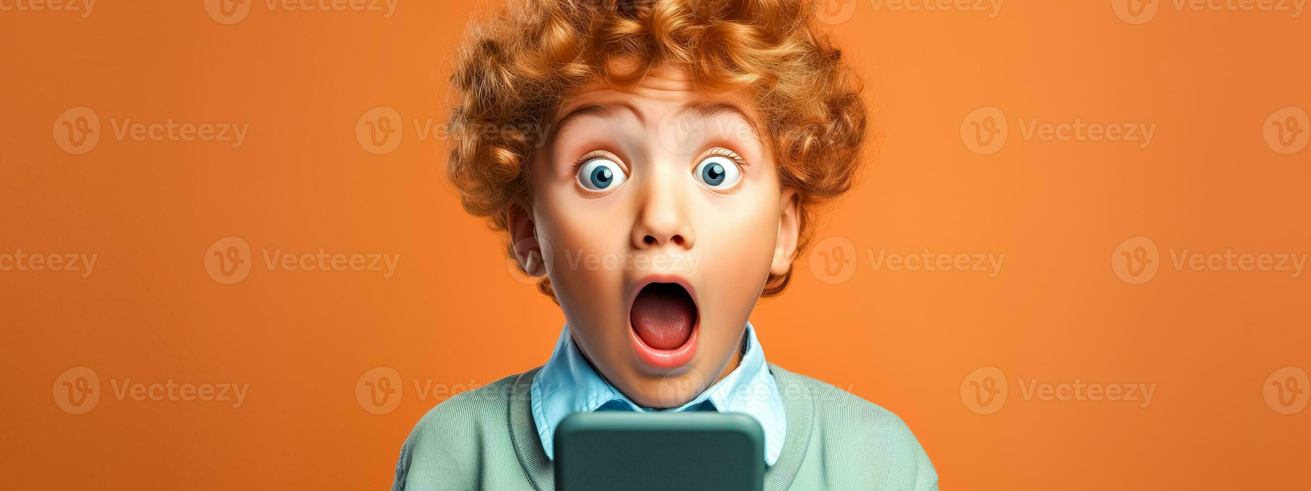 AI Generated Child with open mouth and mobile phone surprised by content or message on display, banner on orange background photo