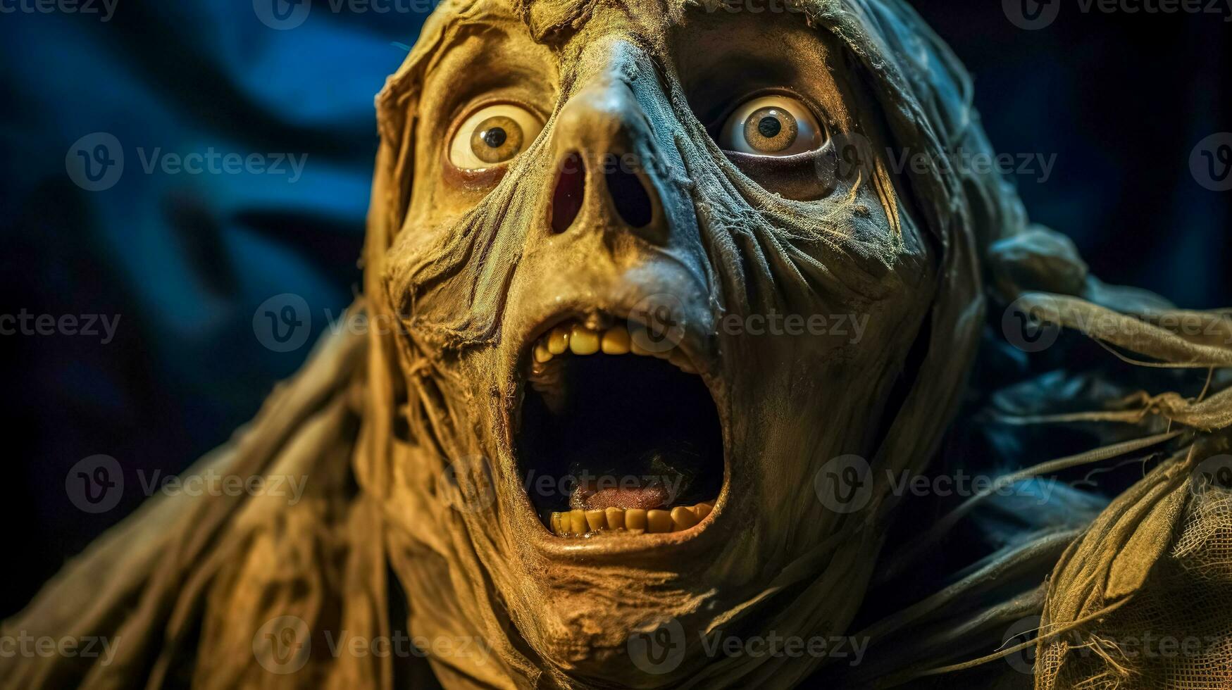 AI Generated mummy with a terrified expression, wide eyes, and an open mouth, set against a dark background, enhancing its eerie and dramatic appearance photo