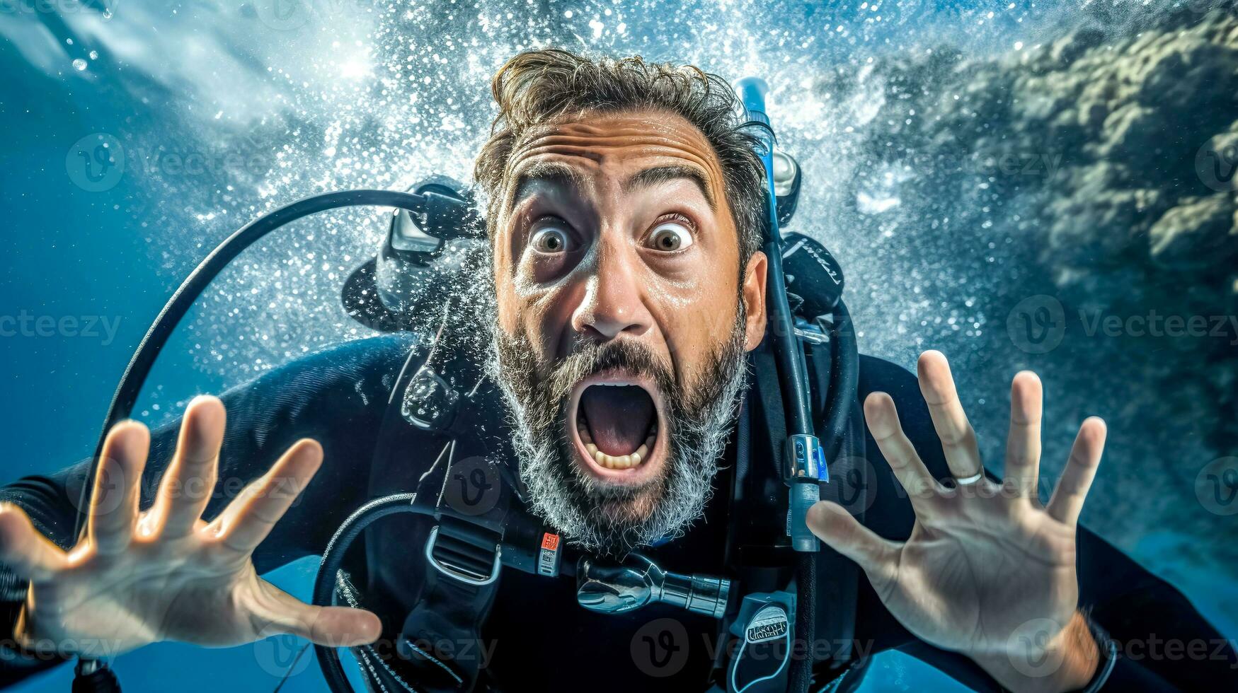AI Generated diver underwater with an expression of surprise, featuring wide eyes and an open