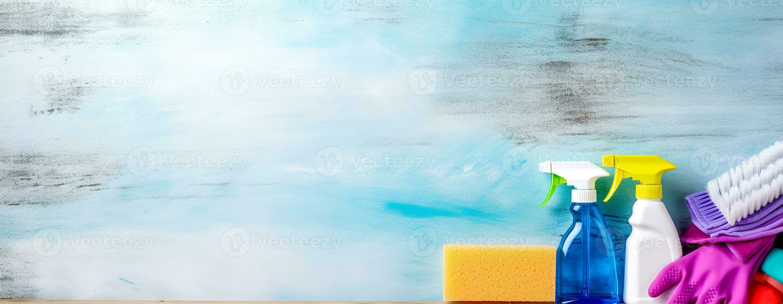 AI Generated array of cleaning supplies arranged on a wooden surface against a textured blue background, symbolizing cleanliness and home care photo