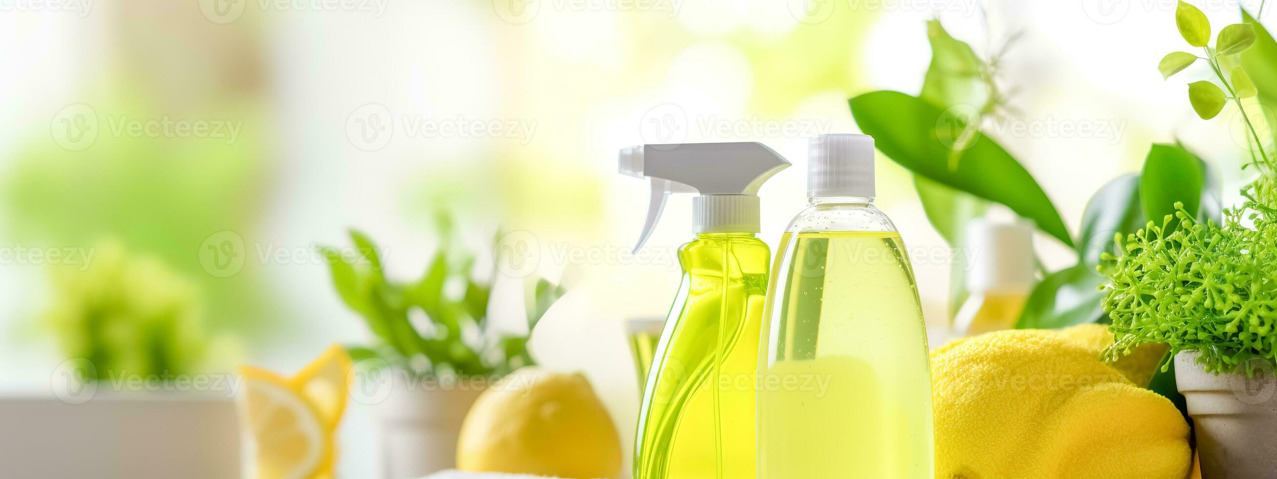 AI Generated  Eco-friendly cleaning supplies with fresh green plants on a bright background photo