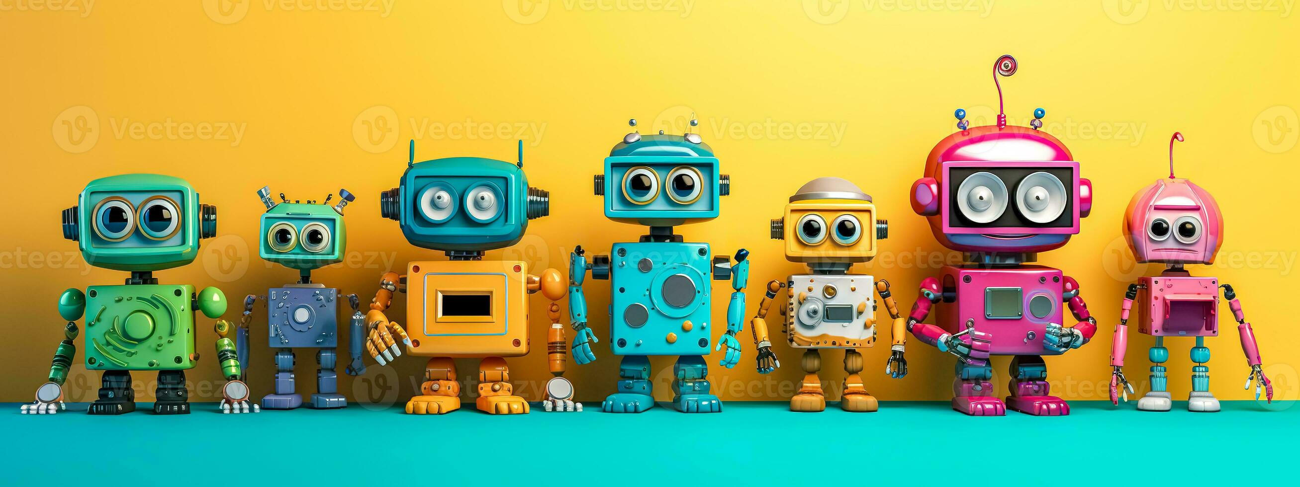 AI Generated A lineup of whimsical 3D robots in various colors standing against a vibrant yellow background, banner photo