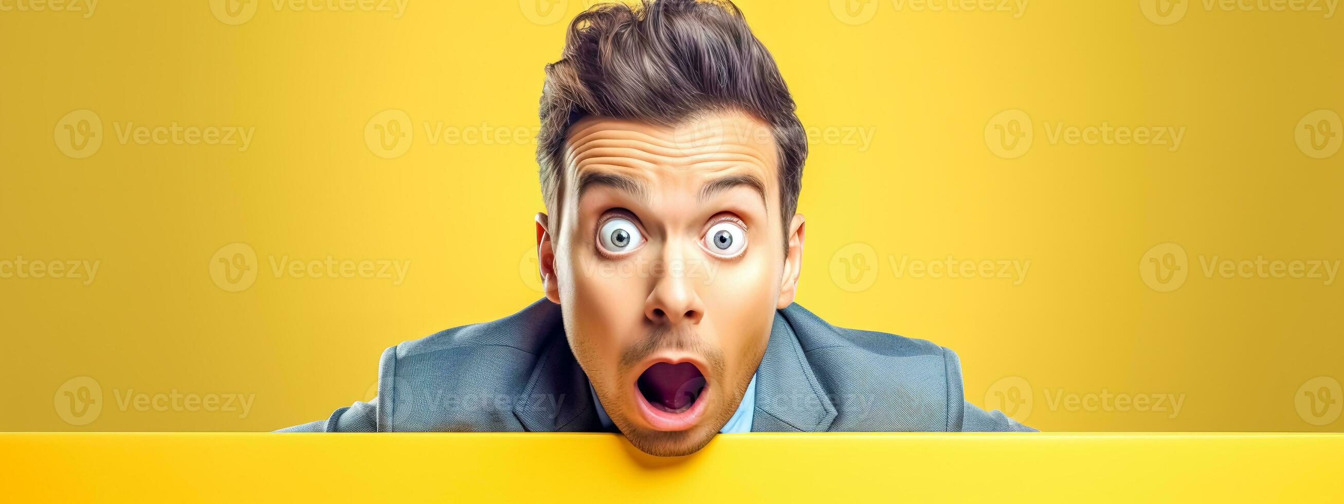 AI Generated  A person with an astonished expression is peeking over a yellow edge against a yellow background photo