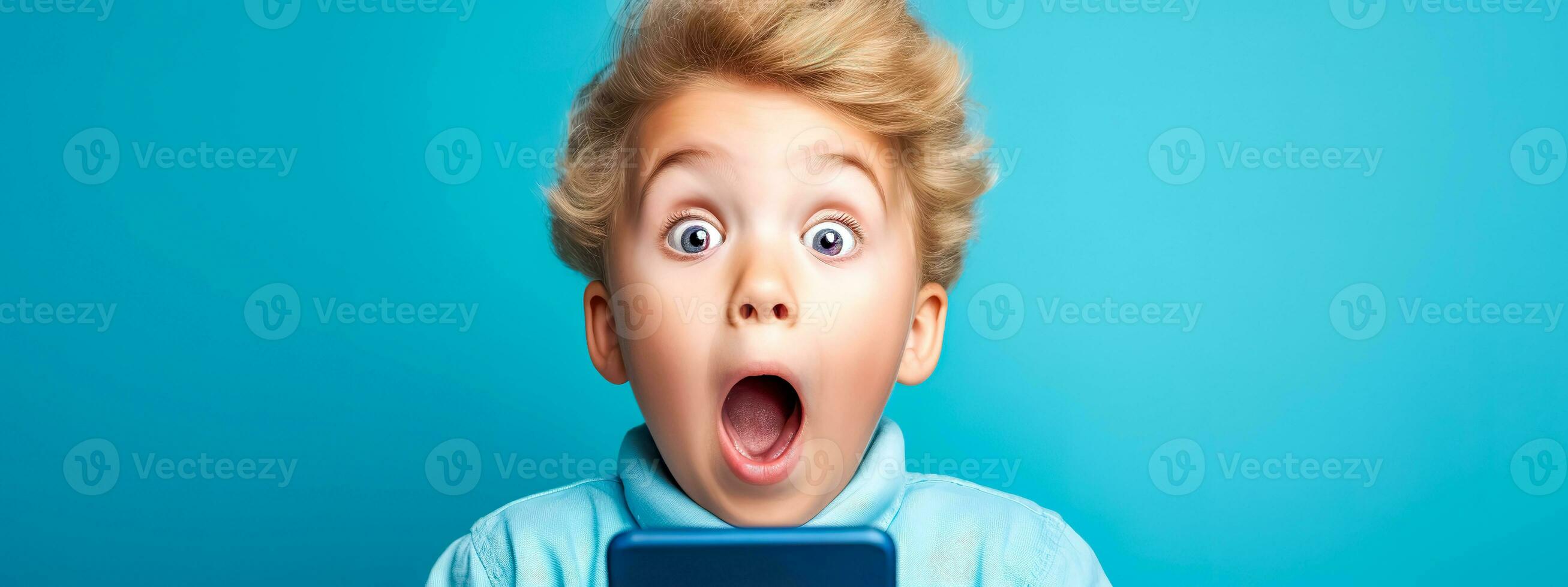 AI Generated the child is shocked by the message on the smartphone with a look of amazement on his face photo