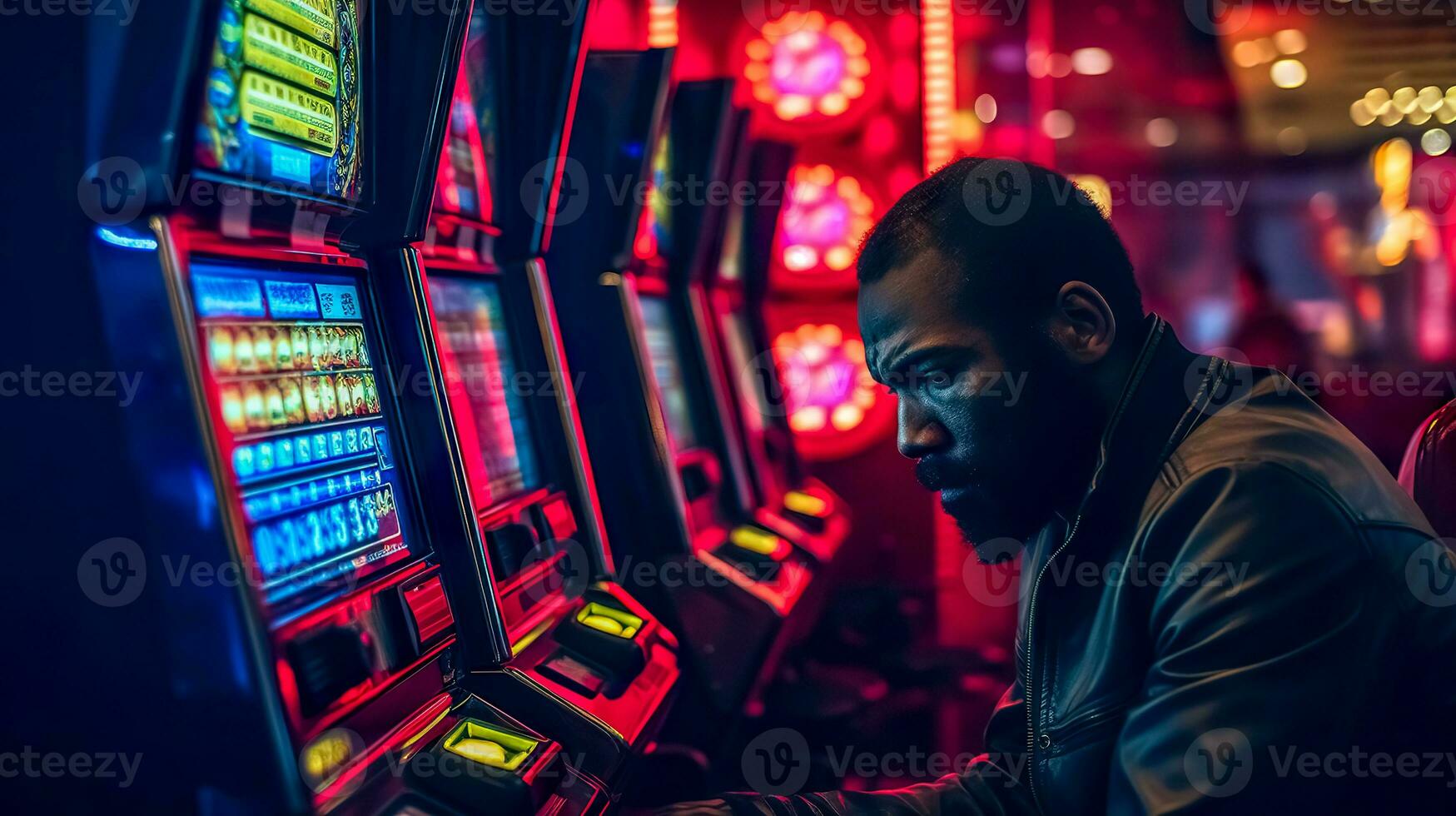 AI Generated Intense concentration at the casino's slot machines under neon glows photo