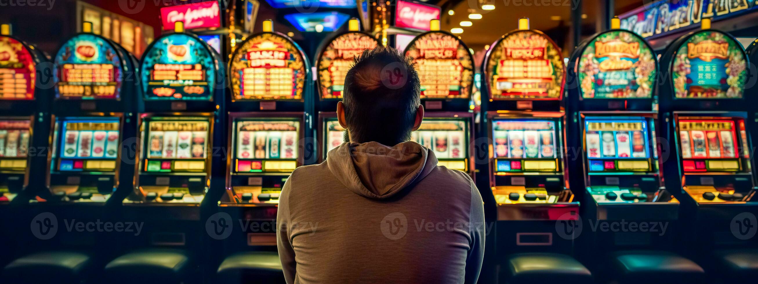 ai generado atmósfera de un casino, con un persona sentado en frente de un fila de vistoso espacio máquinas, absorto en el juego, el brillante luces reflejando el emoción de juego foto