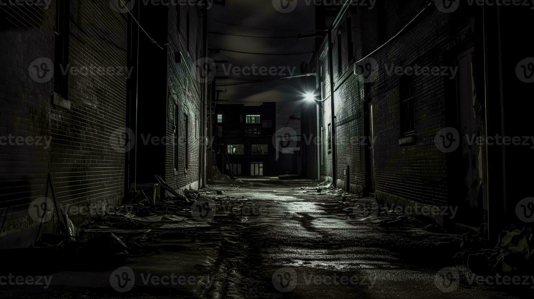 AI Generated dark, deserted alleyway at night, illuminated by a single overhead light that casts stark shadows and creates a sense of mystery and potential foreboding. photo