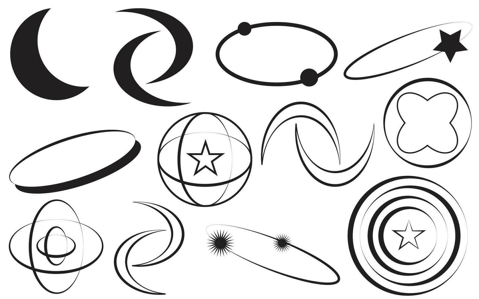 Set of geometric aesthetic abstract line frames and shapes with stars boho, brutalism, Y2K style. Geometric elements with sparkles for template design social media, poster, banner, logo, stickers vector