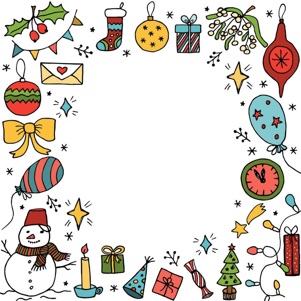 Christmas illustration, vector background. Frame made of festive elements - gifts, Christmas balls and more. Doodle vector illustration.