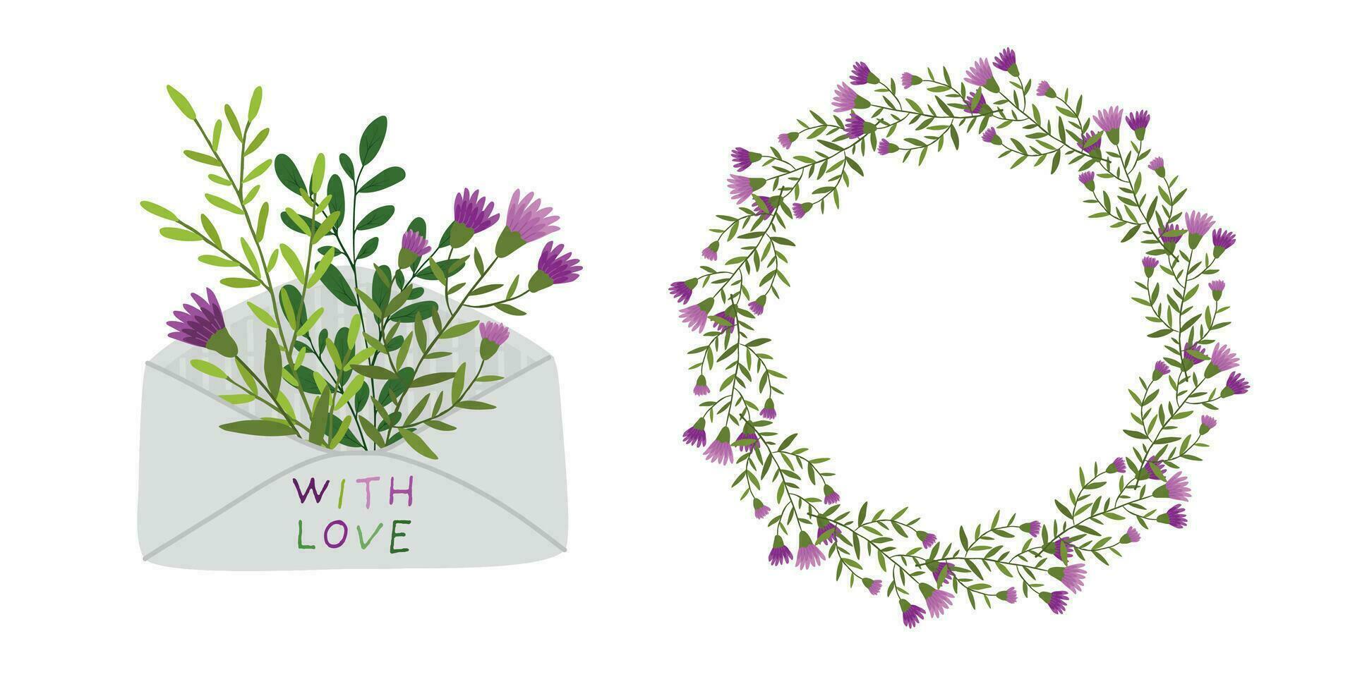 A set with envelope and flower frame on a white background. Flat illustration design. Vector illustration of an envelope with wildflowers inside.