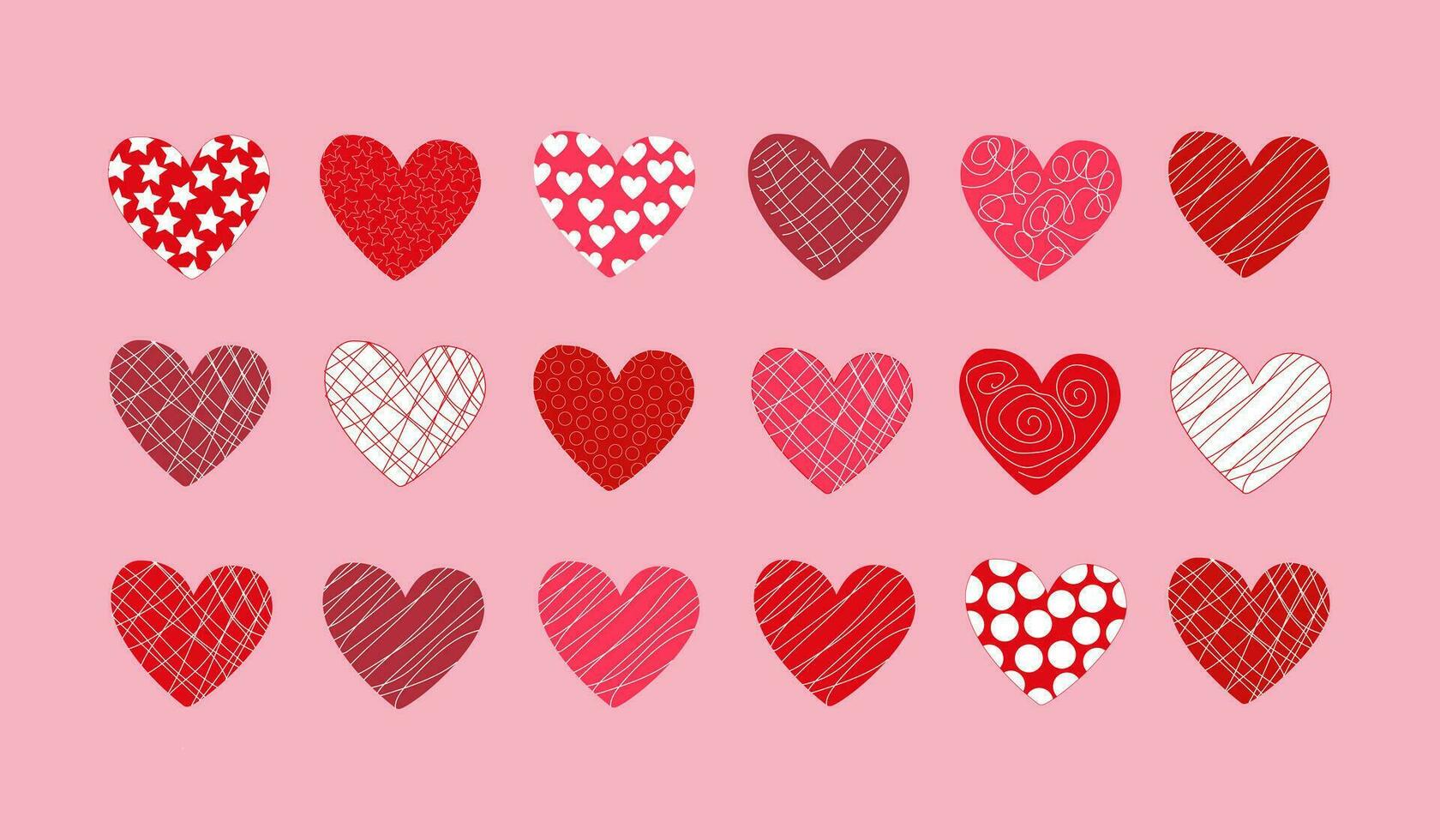 Set of red, pink and purple hearts, candies with icing and patterns. Vector elements for the design of cards, stickers, invitations for the holidays of Valentine's Day, wedding, birthday, engagement.