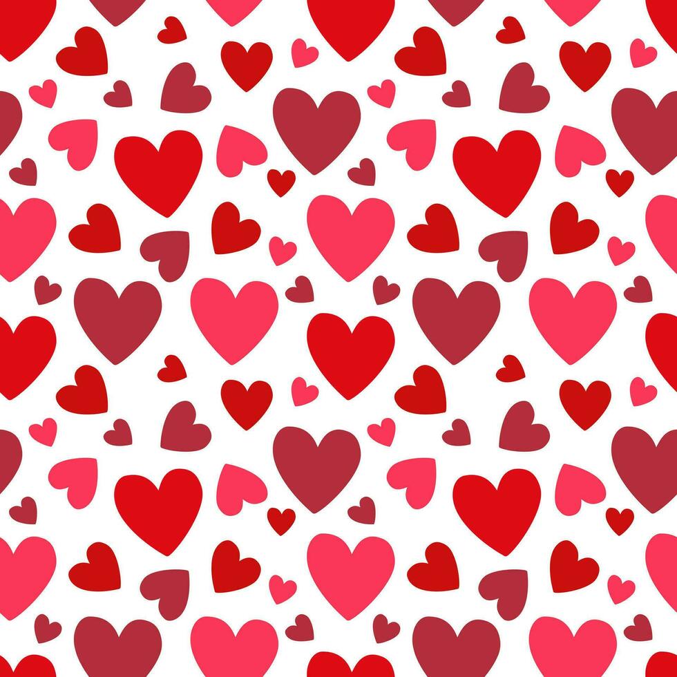 sin costura vector modelo de rojo, rosado y púrpura corazones en un blanco antecedentes para embalaje, tela, fondo de pantalla para el Días festivos San Valentín día, boda, cumpleaños