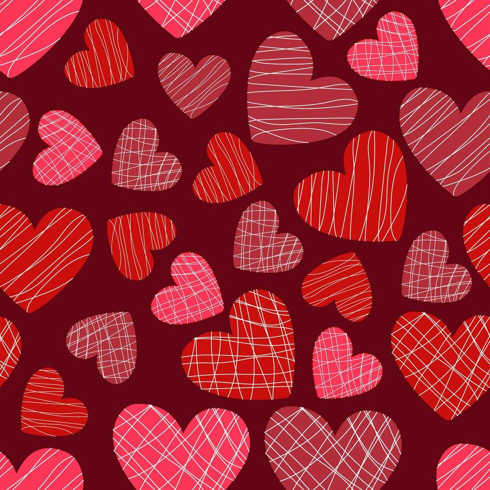 sin costura vector modelo de rojo y rosado corazones en un oscuro borgoña antecedentes para embalaje, tela, fondo de pantalla para el Días festivos San Valentín día, boda, cumpleaños