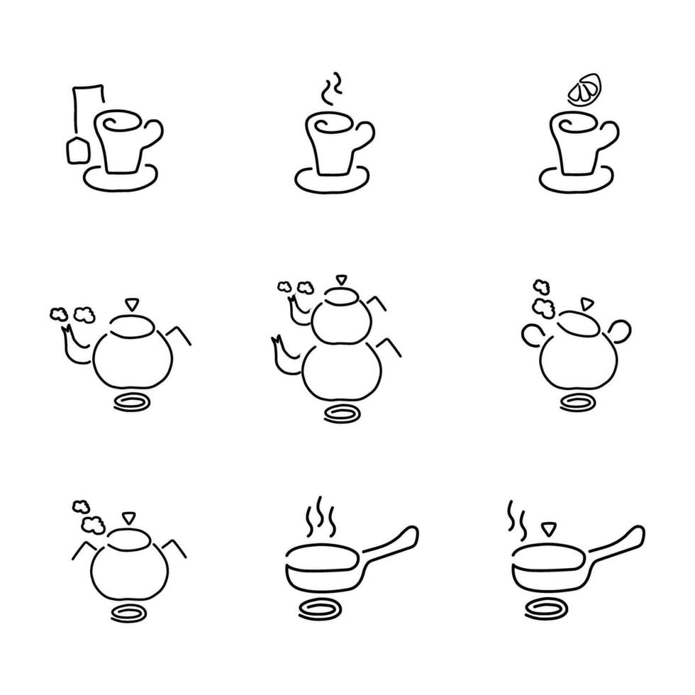 Set of Kitchen utensils - teapots, pots, pans, cups, cooking, contour black linear silhouettes. Vector linear icons for menu, website, books design