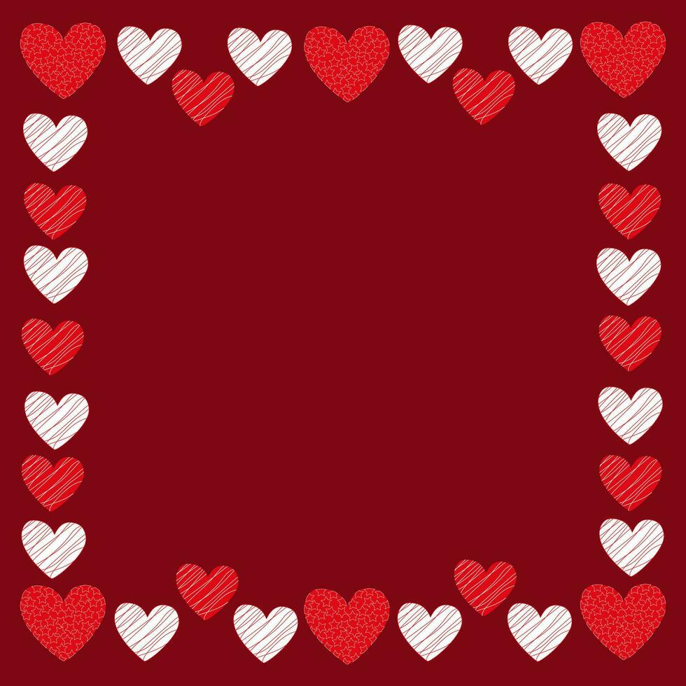 Burgundy square background with a frame of hearts for Valentine's Day, wedding for posts on social networks. Romantic vector background with place for text