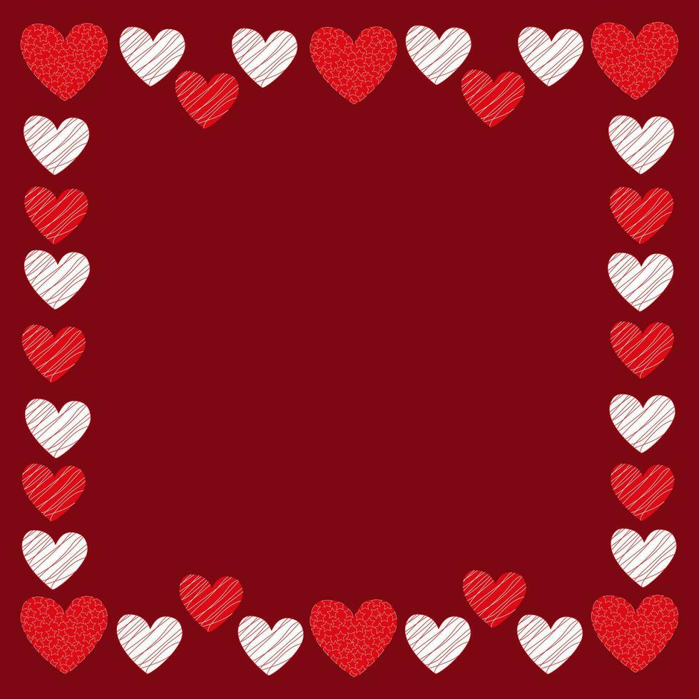 Burgundy square background with a frame of hearts for Valentine's Day, wedding for posts on social networks. Romantic vector background with place for text