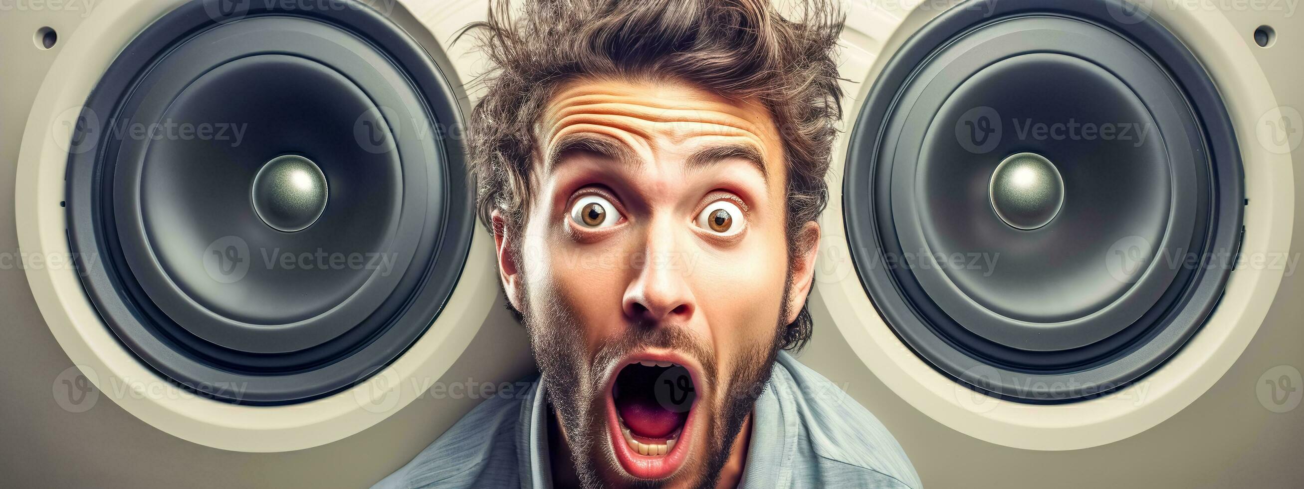 AI Generated person with an astonished expression between two large speaker, great sound banner photo