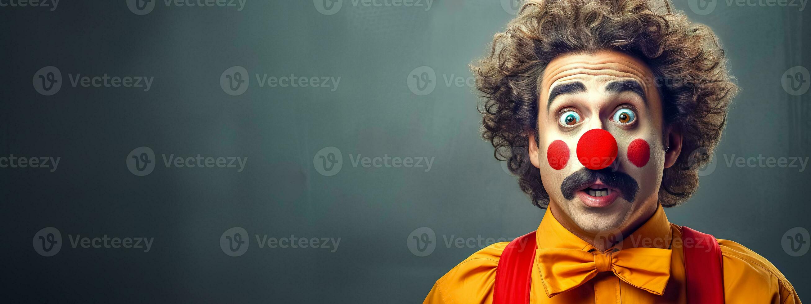 AI Generated clown with an astonished expression, wearing a yellow shirt with a red bow, against a neutral background, capturing a moment of surprise or comedic shock photo