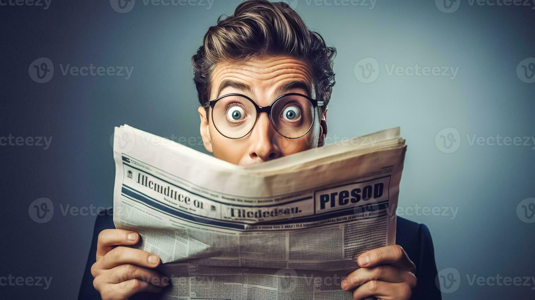 AI Generated A businessman with oversized glasses shows a comically shocked expression while reading a newspaper, eyebrows raised in utter surprise photo