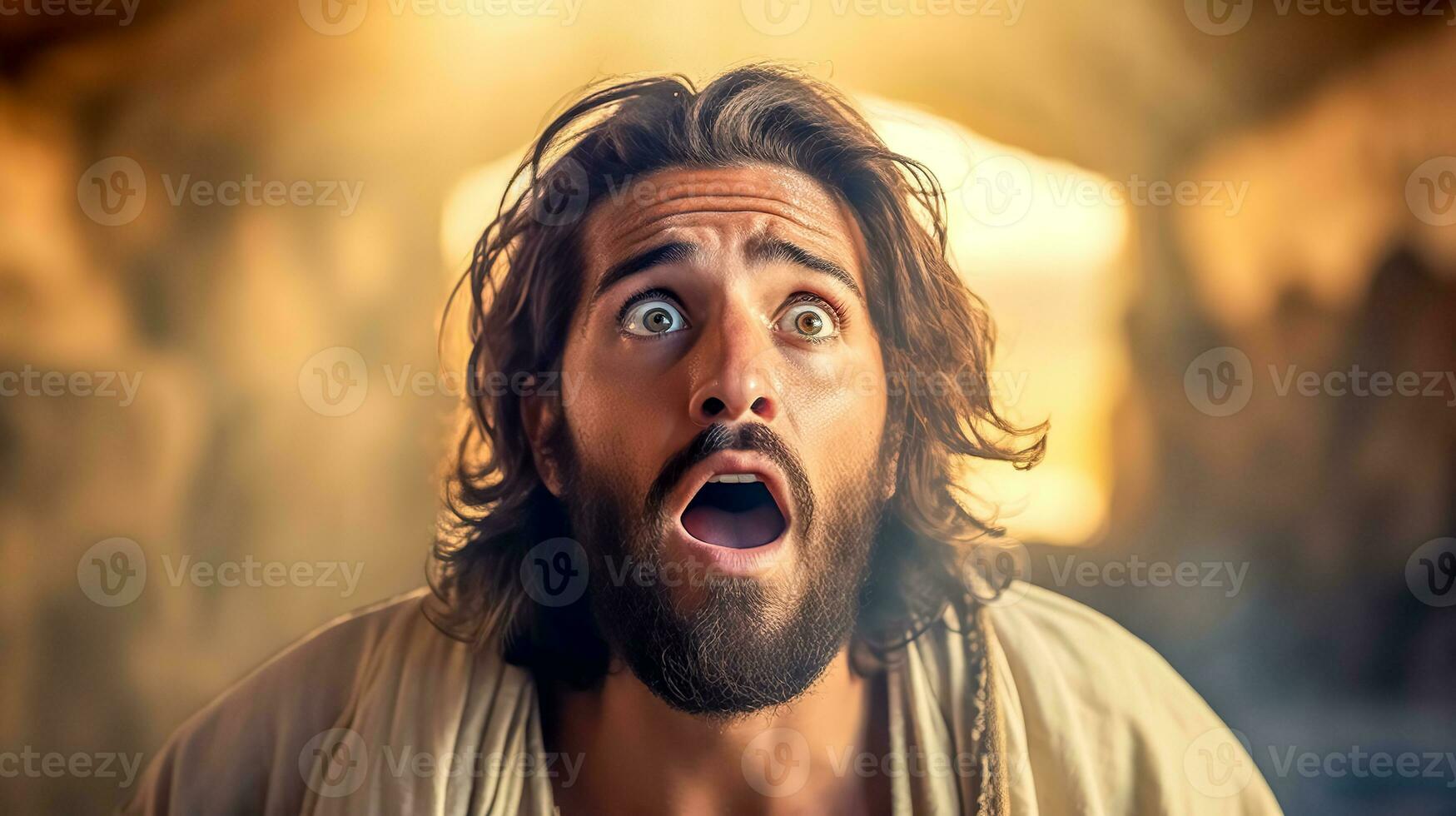 AI Generated man with long hair and a beard, portraying a historical or biblical figure, with a look of profound surprise or revelation, illuminated by a warm, glowing light photo