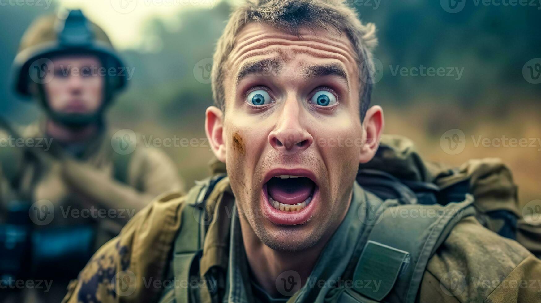 AI Generated soldier with a stunned expression, his eyes wide and mouth open, in a moment of surprise during a military operation, with another soldier blurred in the background photo