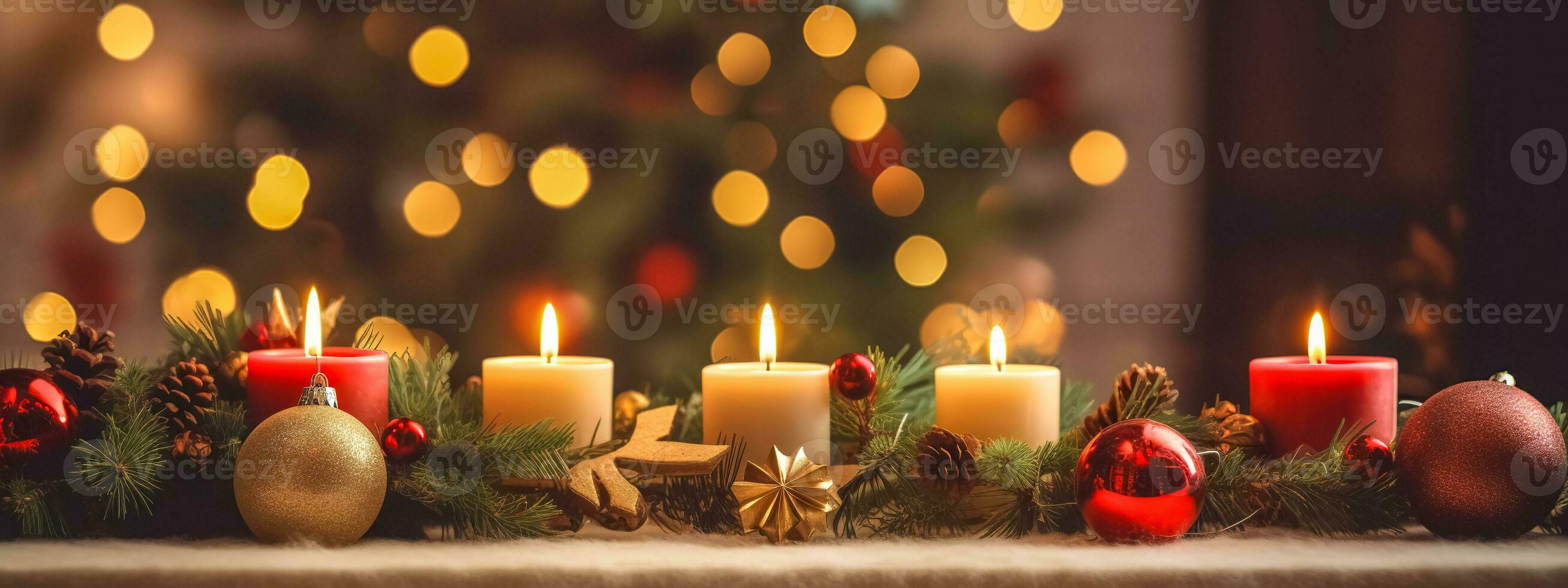 AI Generated Christmas composition featuring glowing candles casting a warm light on a tabletop adorned with a handmade Advent wreath, decorated with red and gold ornaments, pine cones, and green fir photo