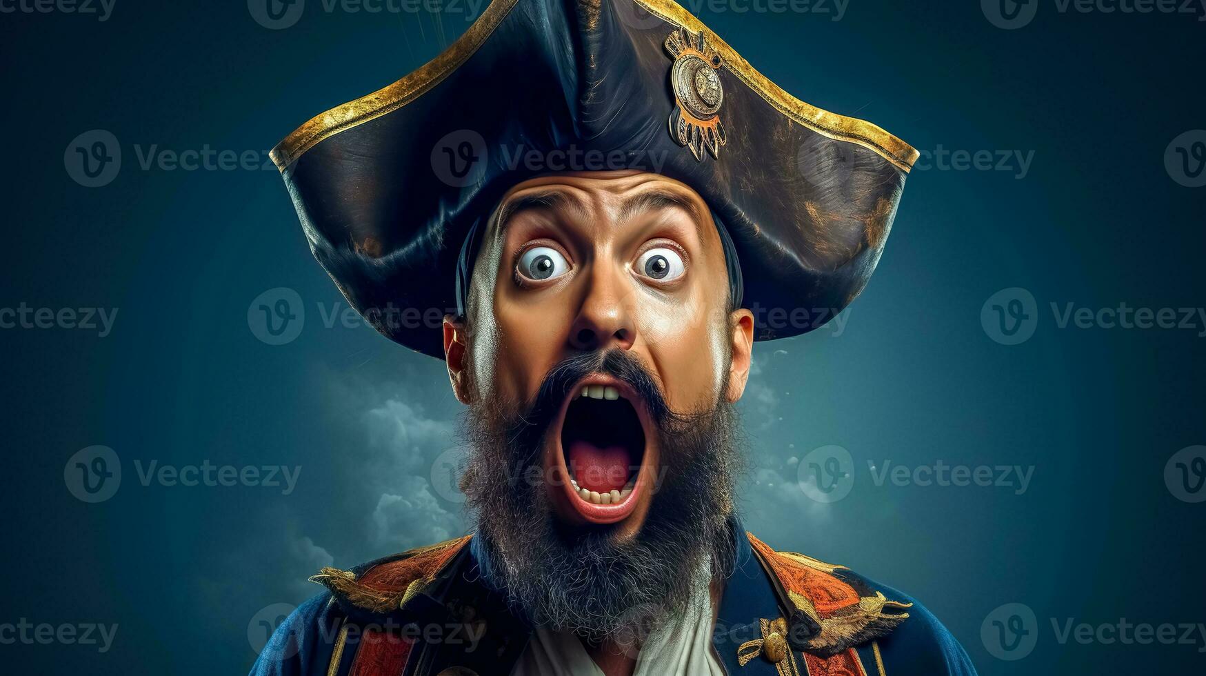 AI Generated pirate, complete with a large, ornate tricorn hat adorned with a symbol. The pirate's wide-eyed, open-mouthed expression suggests shock or amazemen photo