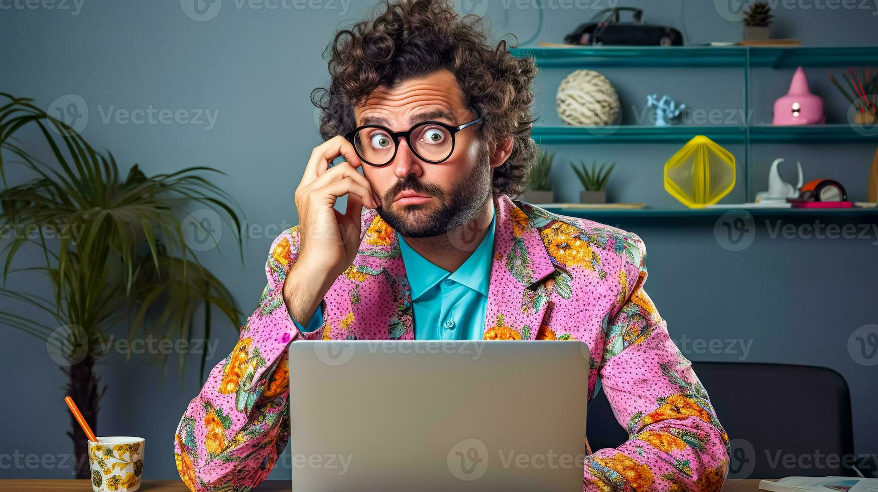 AI Generated man, wearing large glasses and a colorful, patterned suit with a bright turquoise shirt. He appears perplexed or deep in thought, with his hand on his temple, sitting in front of a laptop photo
