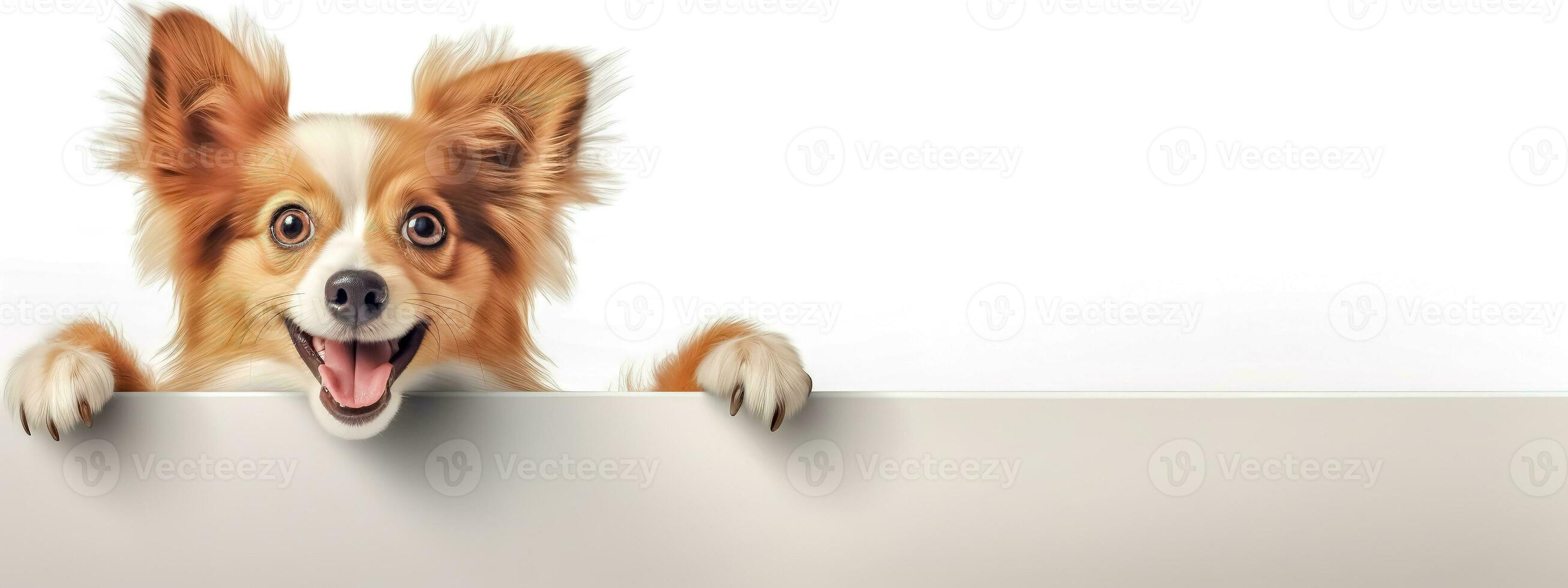AI Generated A photorealistic 3D caricature of an adorable dog peeking over a ledge with a joyful expression, set against a clean white background photo