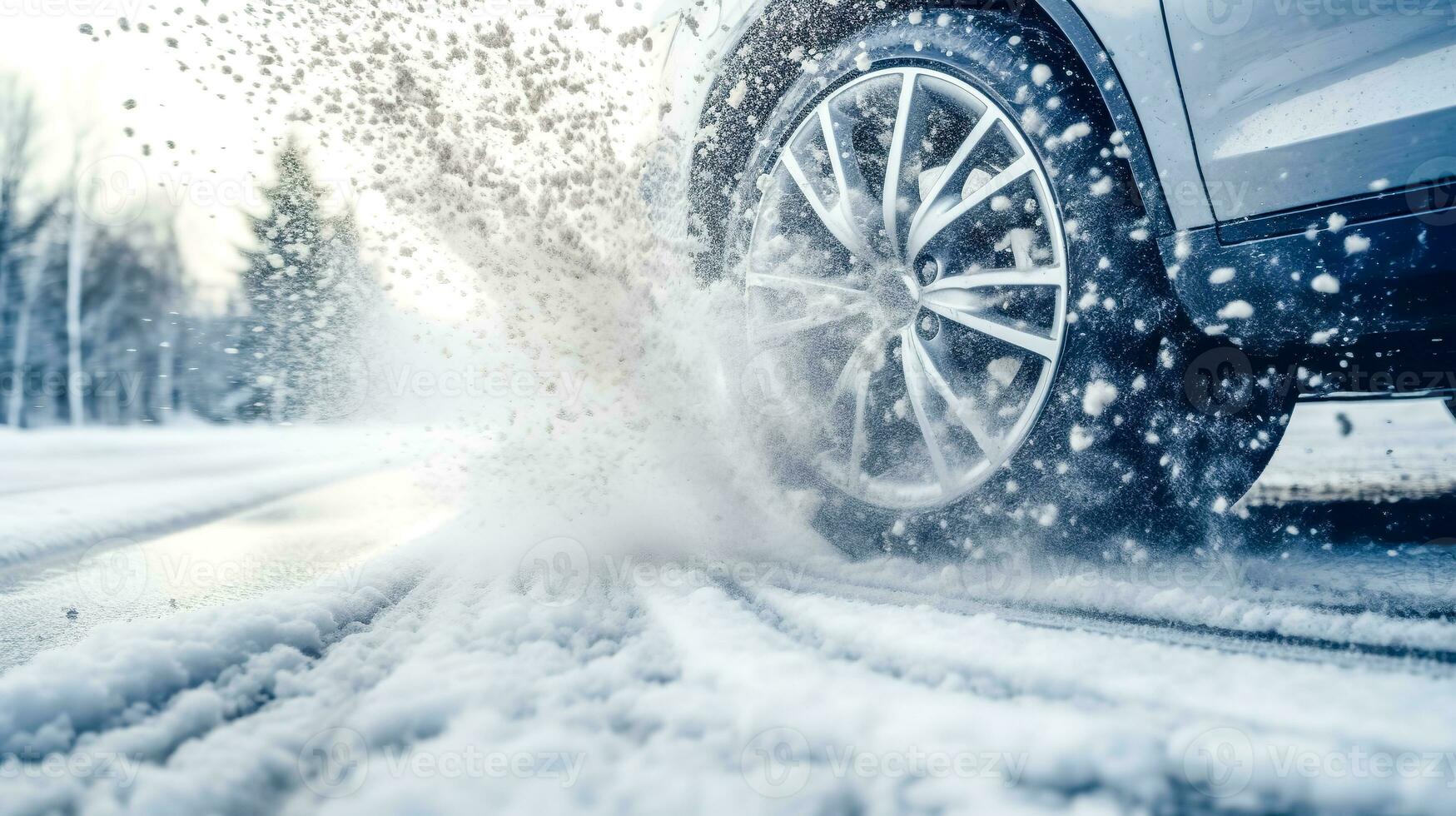 AI Generated car's tire skidding on a snowy road, with snowflakes and ice being flung into the air, against a backdrop of a wintry forest landscape photo