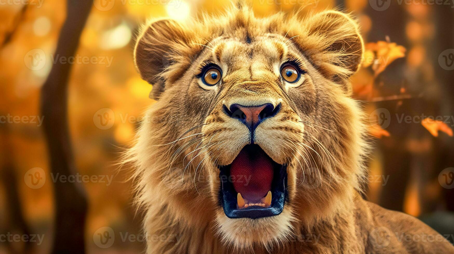 AI Generated close-up of a lion with its mouth wide open, displaying a vivid expression against a backdrop of warm autumn colors, capturing a moment of raw animal expression in the wild photo