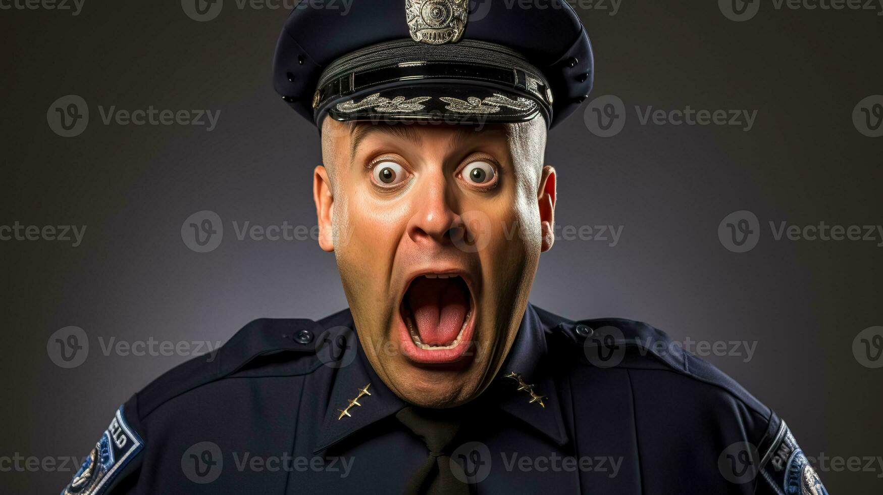 AI Generated  A surprised police officer with a wide-eyed expression photo