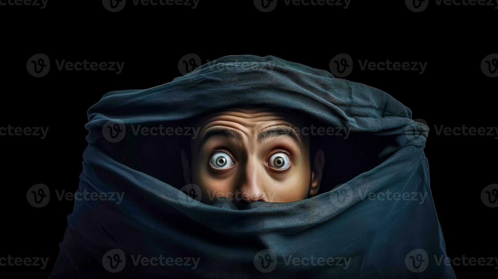 AI Generated An anonymous figure peeks from beneath a shroud with wide, surprised eyes, conveying a sense of mystery and shock against a stark black backdrop photo