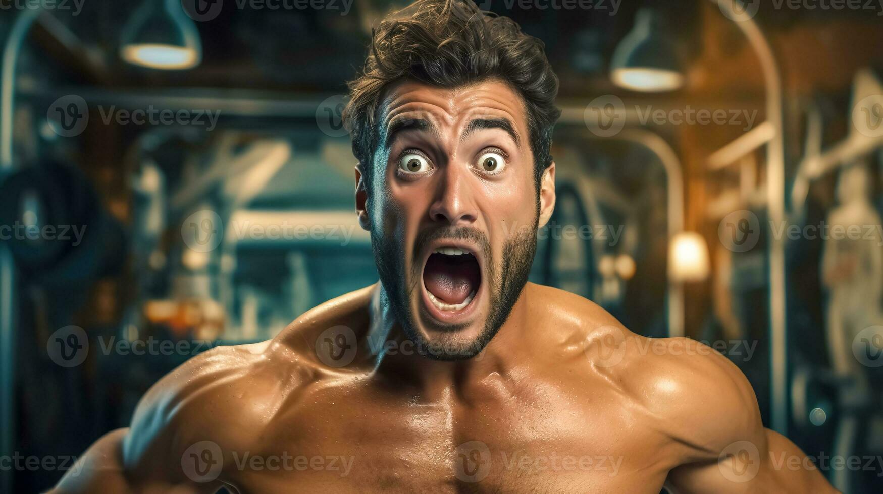 AI Generated An astonished bodybuilder with a shocked expression in a gym setting photo