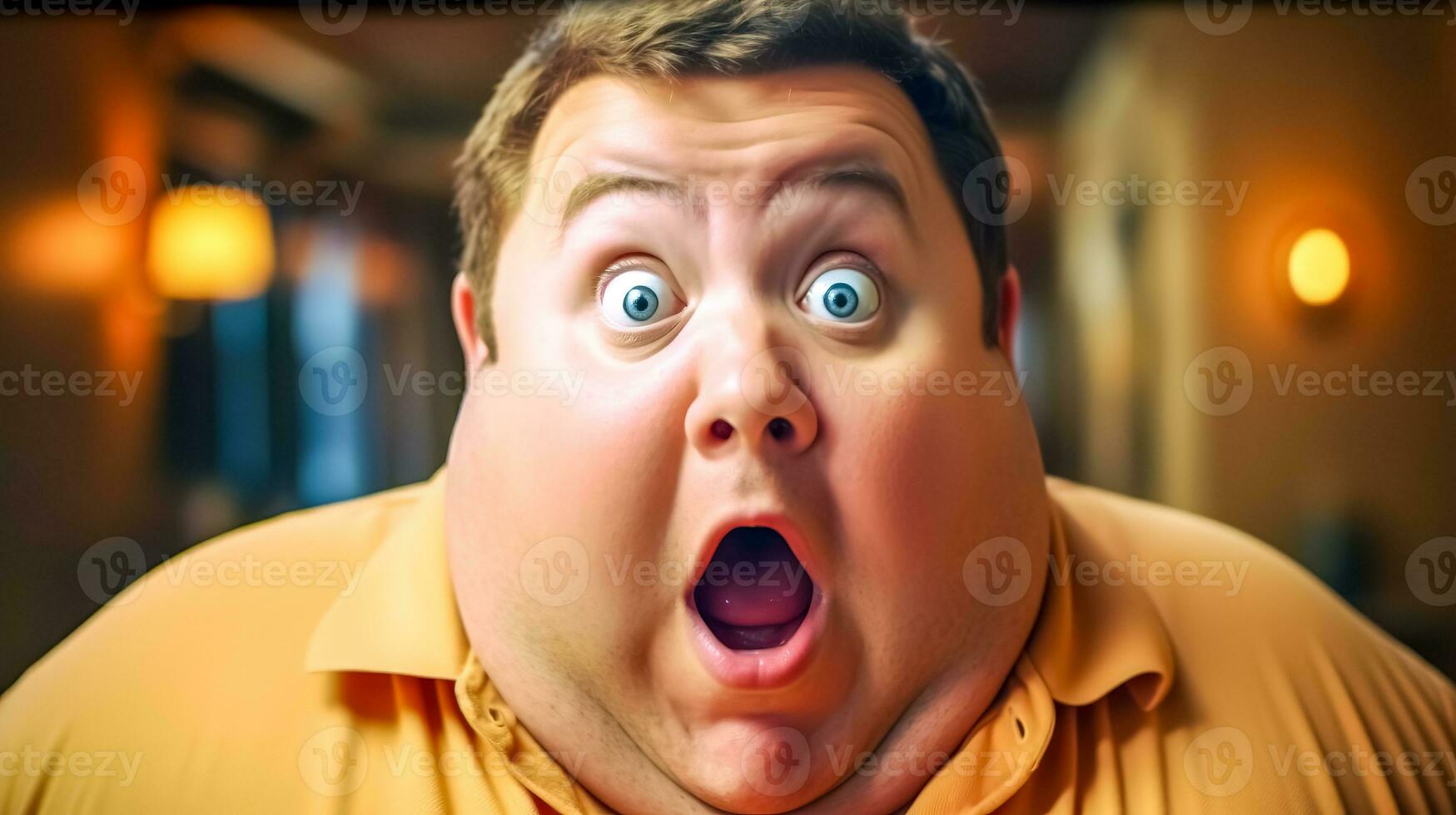 AI Generated fat man in the room, person with a highly exaggerated expression of astonishment. Their wide eyes and open mouth suggest a strong reaction to something surprising or shocking. photo
