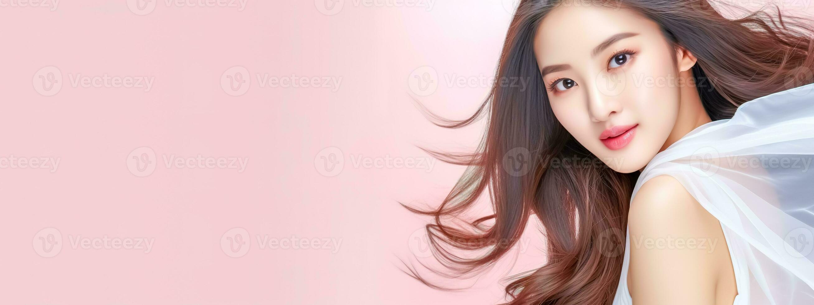 AI Generated  This serene portrait captures the delicate beauty of an Asian woman, her hair flowing elegantly against a soft pink backdrop, embodying grace and tranquility photo