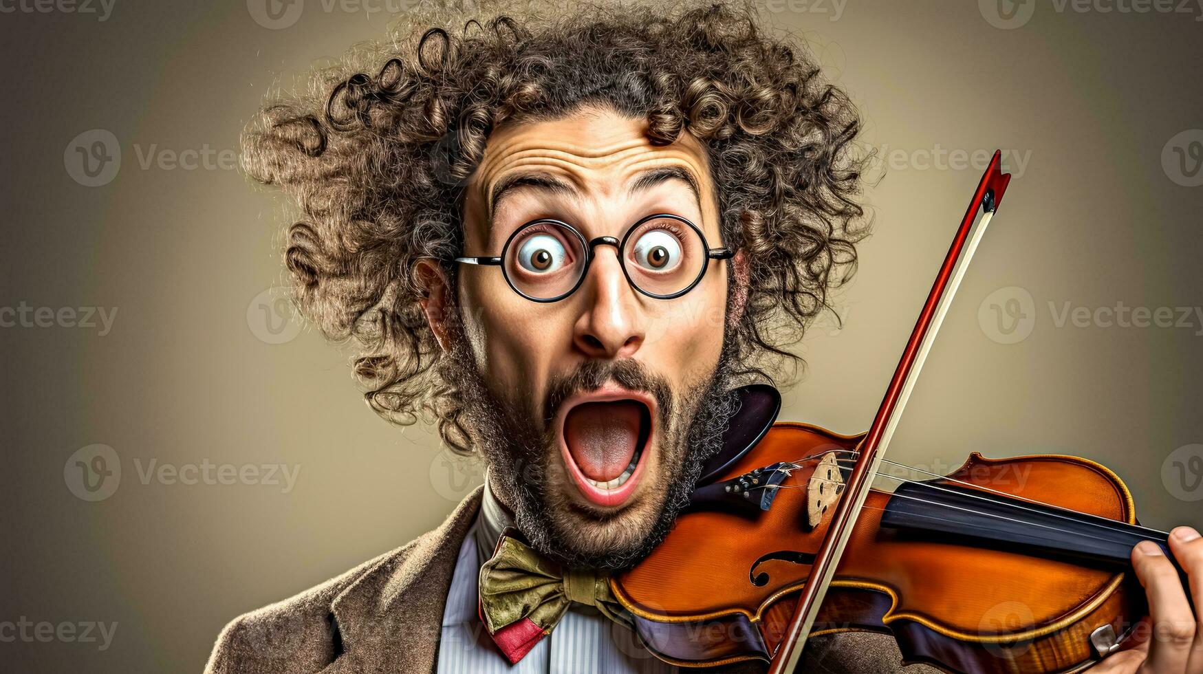 AI Generated person with a surprised expression holding a violin and bow, likely representing a musician in the midst of playing. photo