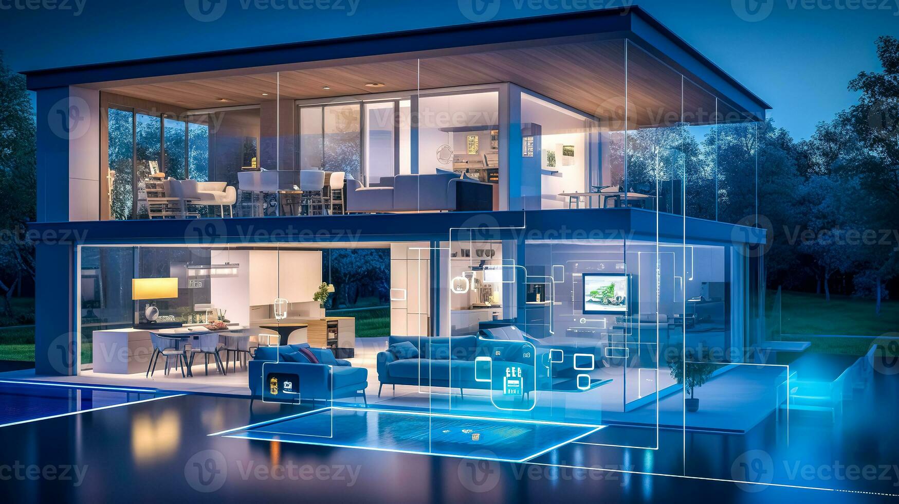 AI Generated modern smart home at dusk, with an interactive layout that visually represents the seamless integration of technology into home automation. photo