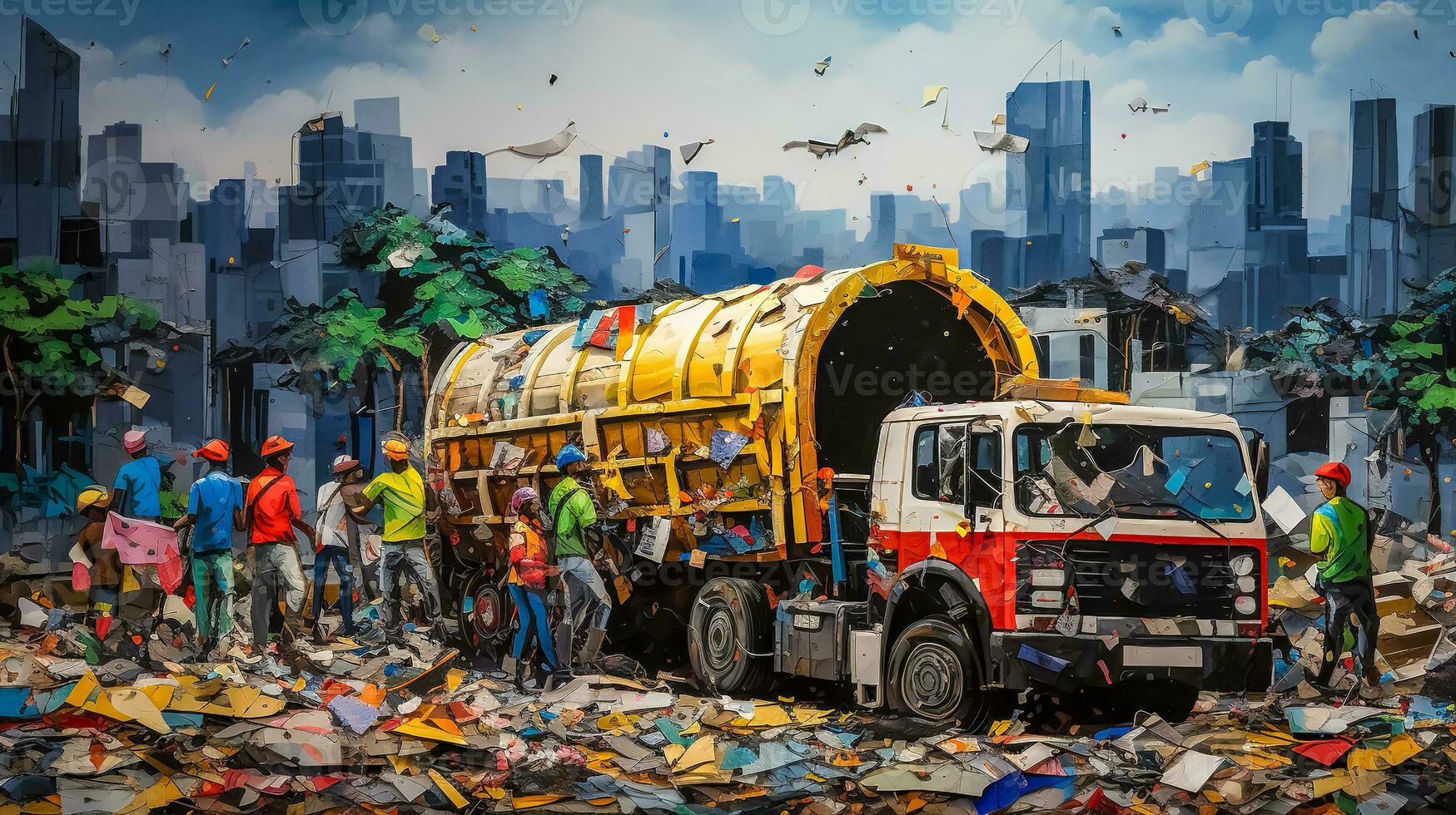 AI Generated Colorful bustle of urban recycling amidst the city hustle. cartoon photo