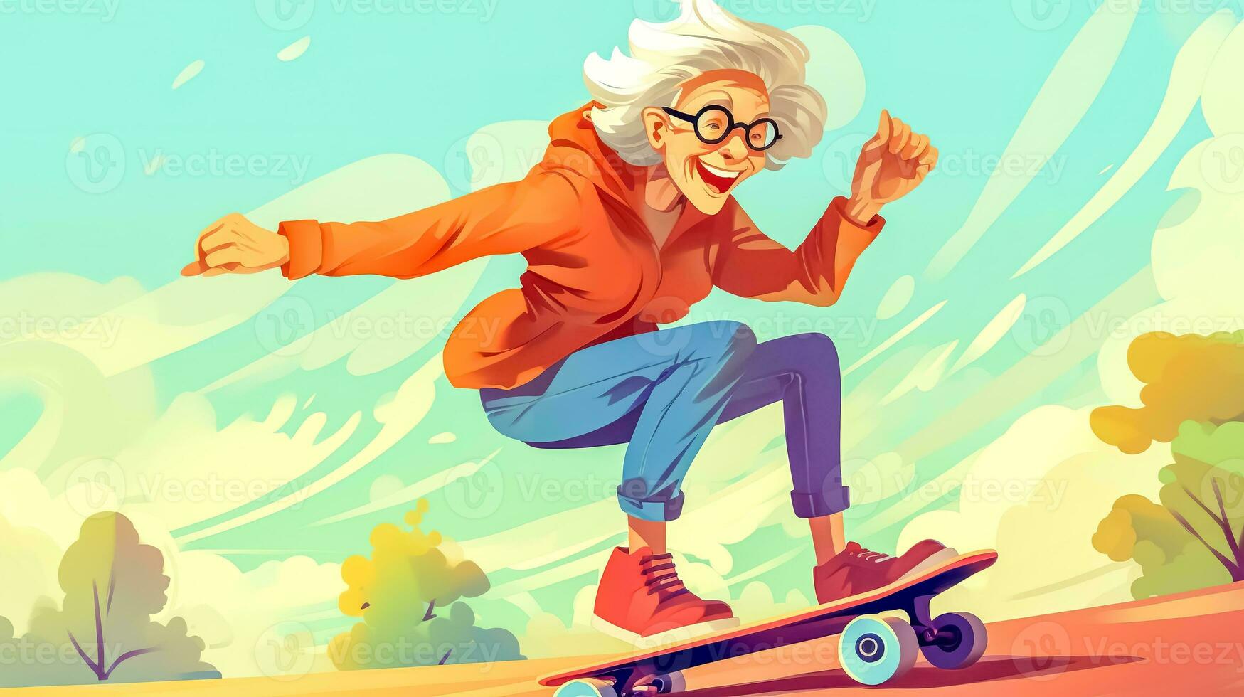 AI Generated An exuberant elderly woman skateboards with flair, her hair and clothes flowing with the movement, embodying vitality and joy. photo