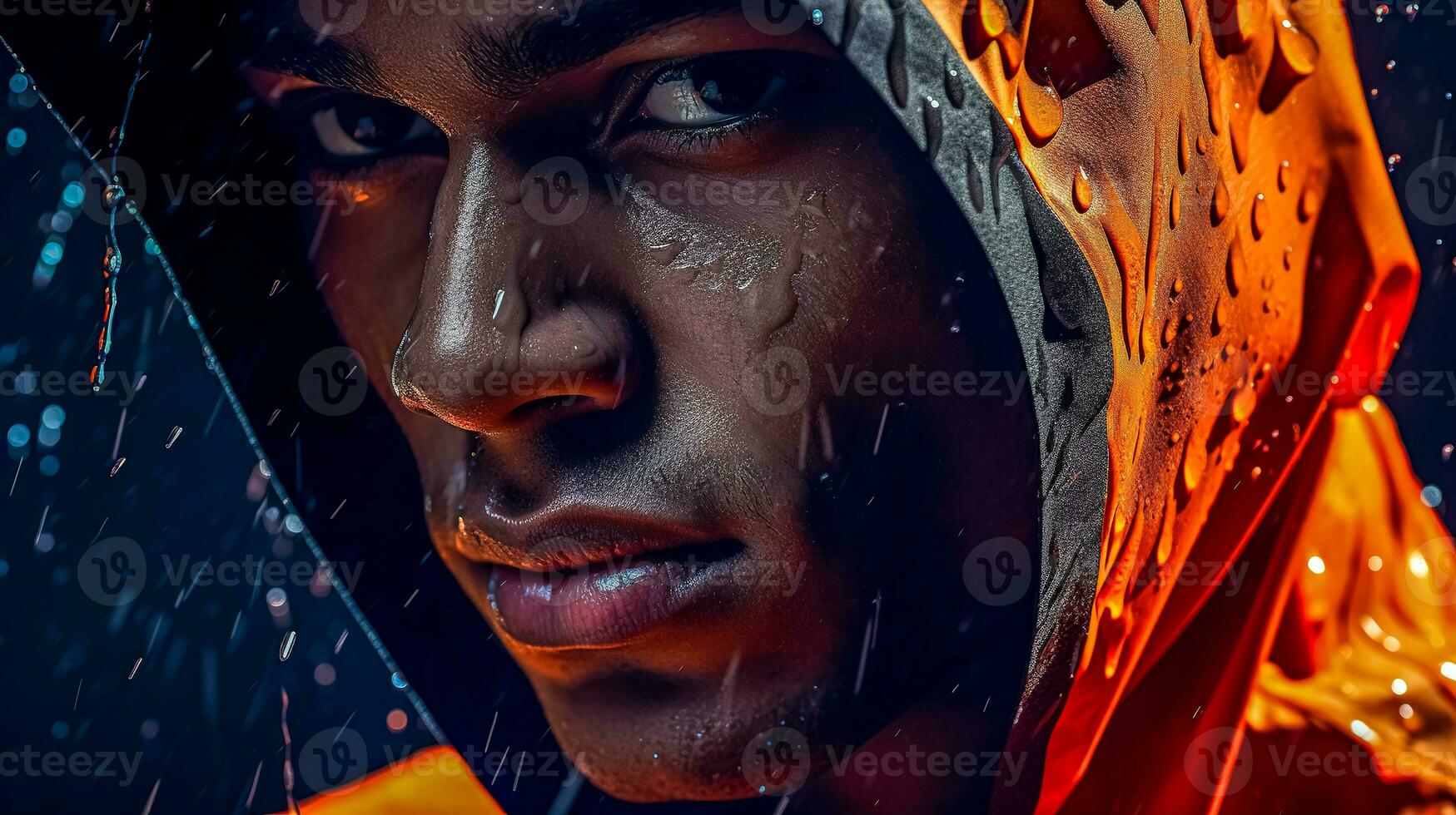 AI Generated portrait of an afro american man athlete in the rain, water drops on his face and clothes photo