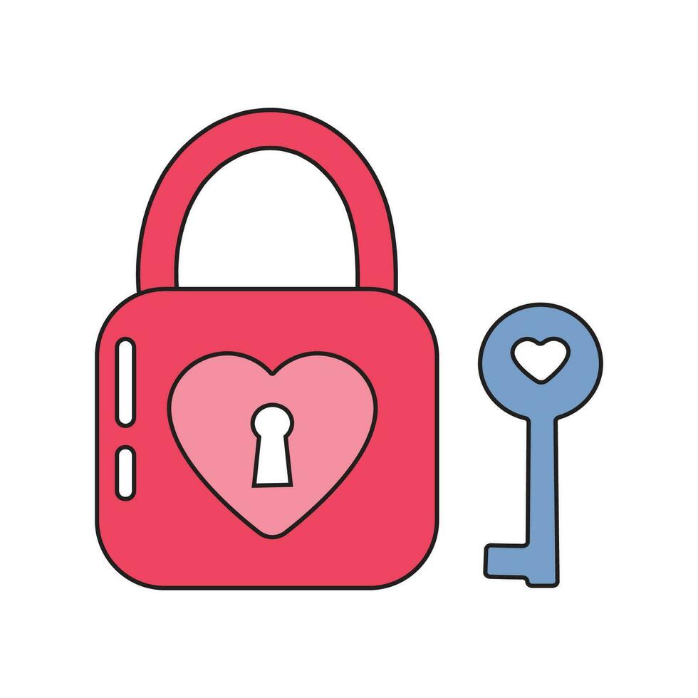 Heart lock and keyhole with key groovy retro style. Open your heart. Romantic concept, symbol of love for Valentine's Day. vector