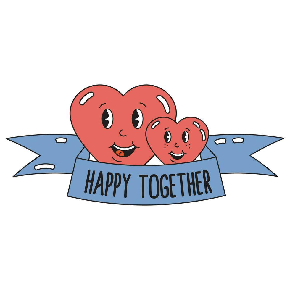 Retro happy couple of hearts. Valentines day concept. Groovy hippie love sticker. vector