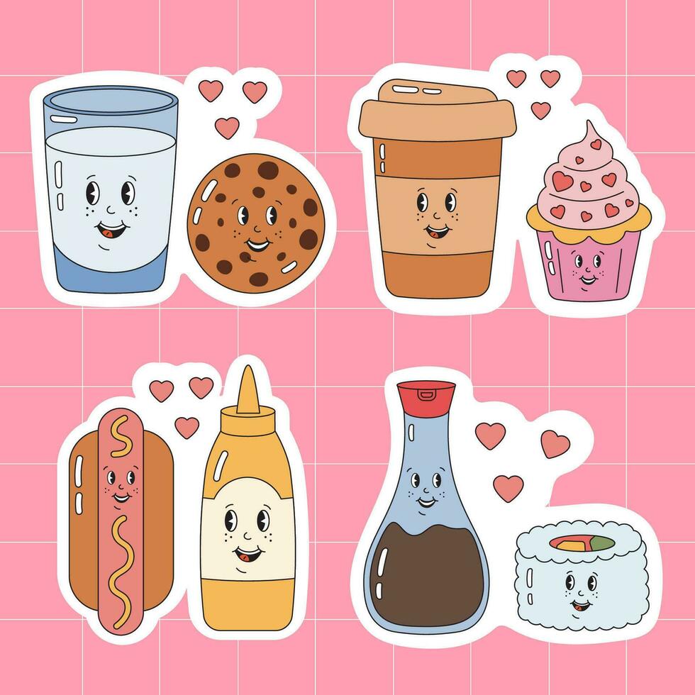 Groovy hippie love elements stickers collection. Retro happy Valentines day. Romantic couples of milk and cookie, coffee and muffin, hot-dog and mustard, soy sauce and sushi. Valentine day pack. vector