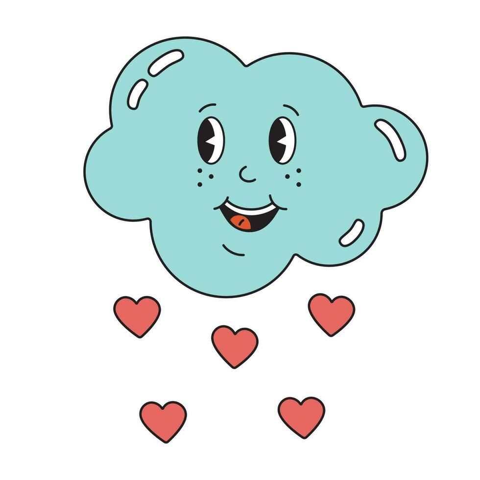 Cute cloud in retro cartoon style in love with rain from hearts. Lovely valentine day romantic concept in groovy style. vector